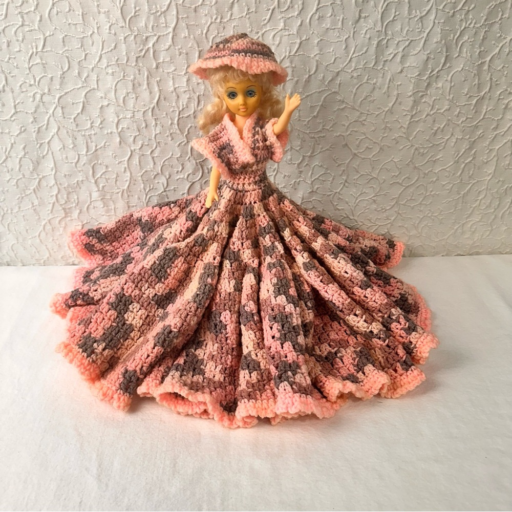 Vintage Plastic Doll Crochet Handmade Dress Kids Toy Needlecraft Art Hat